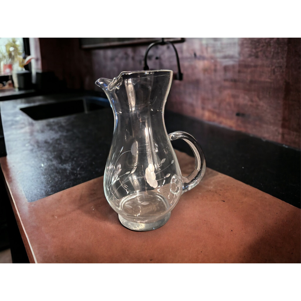 MCM Etched Glass Pitcher Vintage Floral Design Barware Mid-Century Pitcher